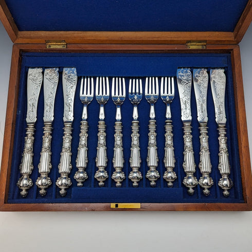 Late 19th Century British Antique Silver Plated Fish Cutlery 6 Pair Set in Wooden Box Martin & Hall